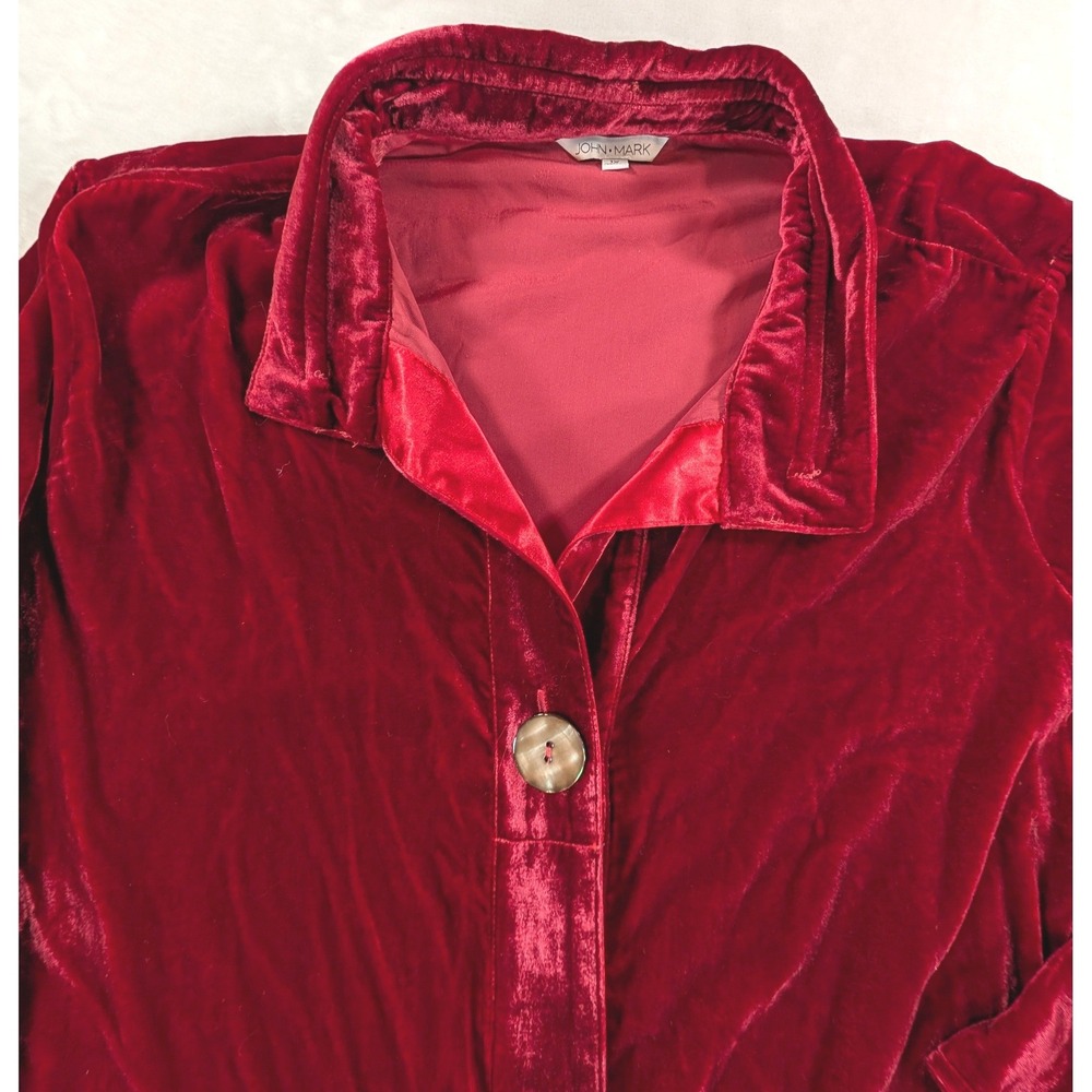 John Mark Womens 1X Red Velvet Button Front Shirt Bell Cuff Wired Collar Artsy - Picture 3 of 13